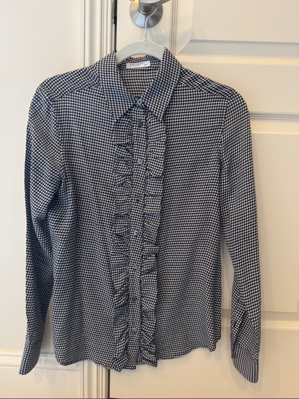 Black and White Houndstooth Ruffle Button-Up Blouse